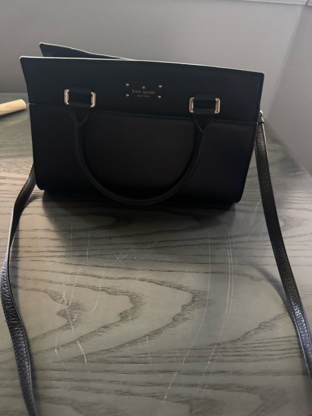 kate spade Black Leather Structured Satchel with Detachable Strap